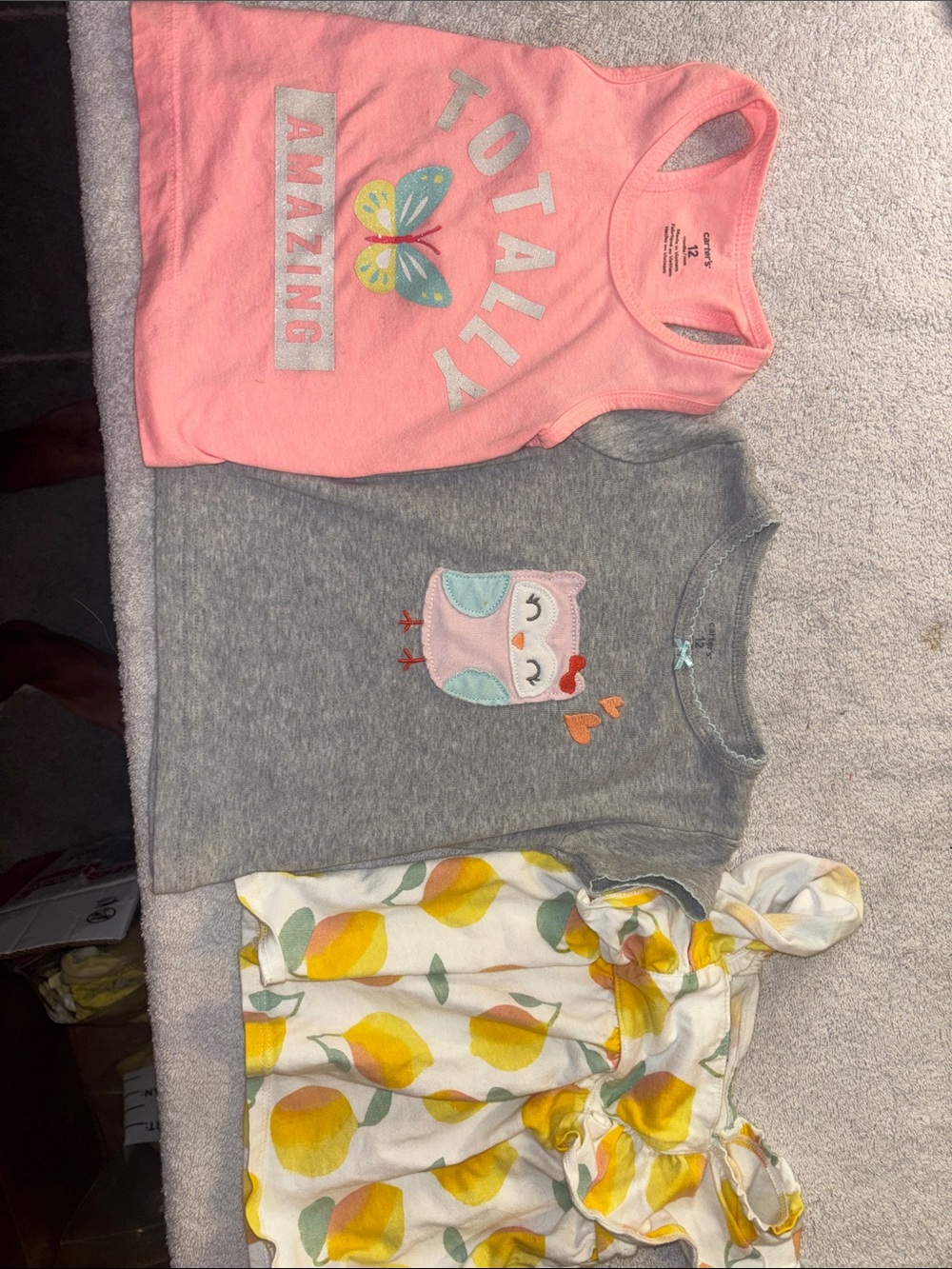 Carter's Kids Pink 'Totally Amazing' Tank + Gray Owl Tee + Lemon Print Dress Set